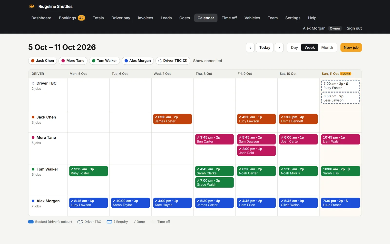 Week dispatch calendar with each driver’s jobs shown as coloured blocks across Monday to Sunday