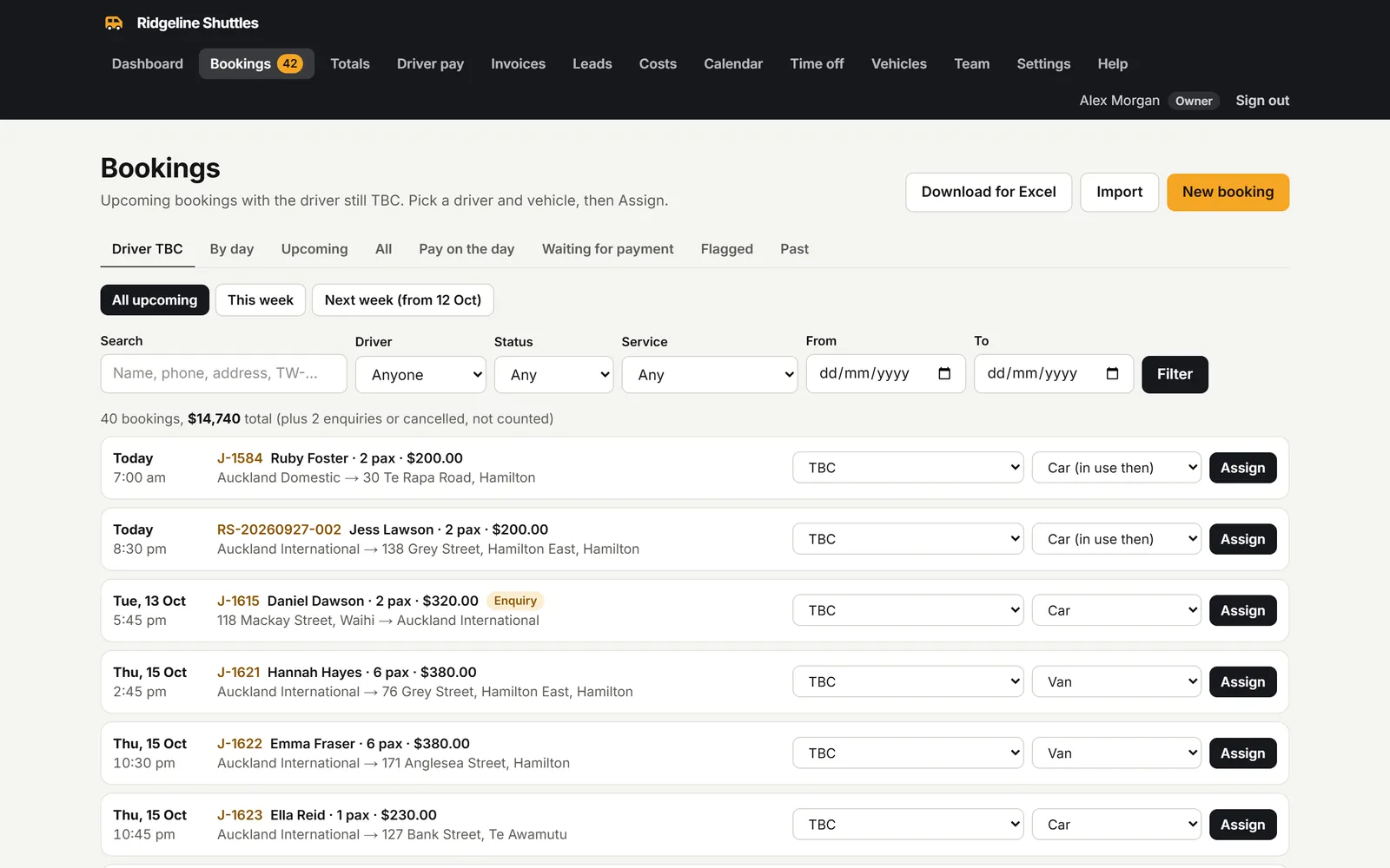 Bookings waiting for a driver, each with an assign button