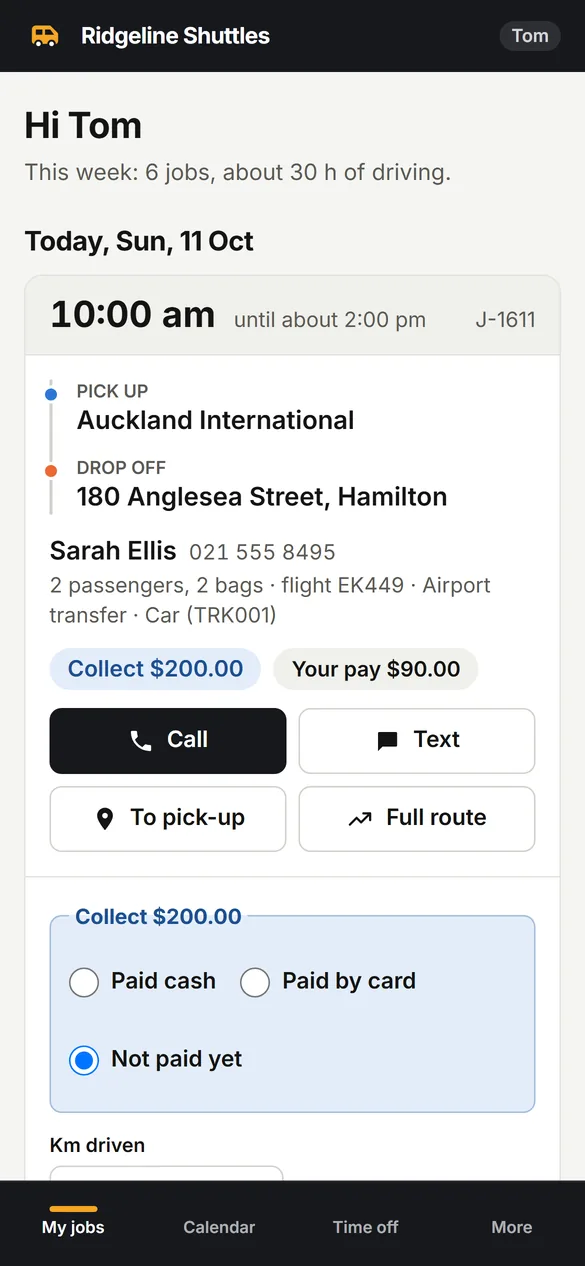 Driver’s phone view of today’s job with pick-up, drop-off, call and directions buttons