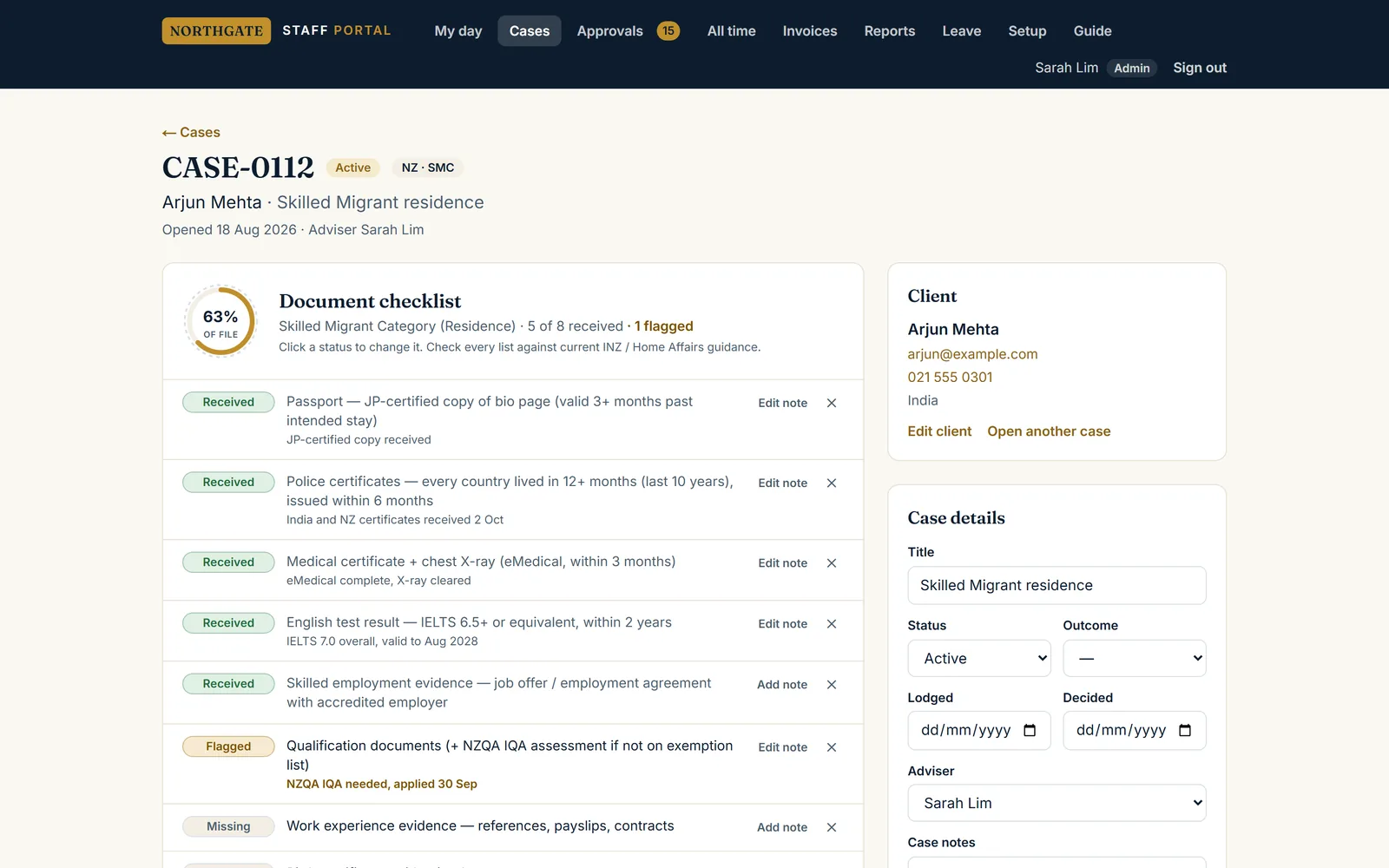 A case with its document checklist showing which documents are received, flagged or missing