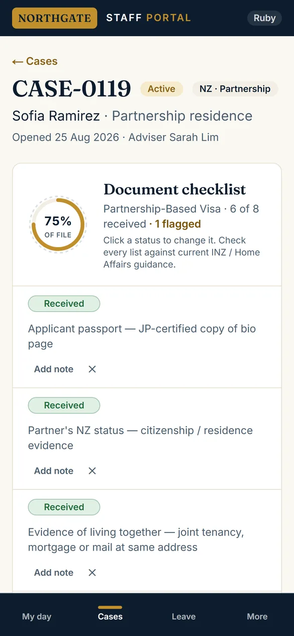 Phone view of a case checklist with documents marked received