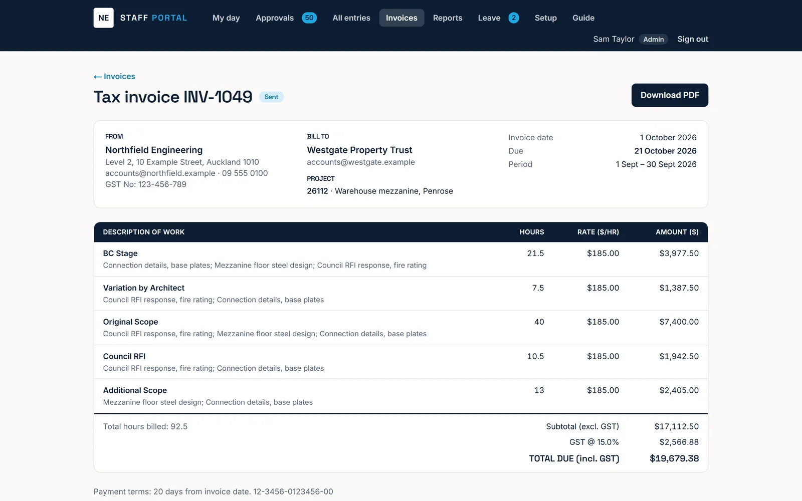 Tax invoice built from approved time, with hours, rates, GST and total due