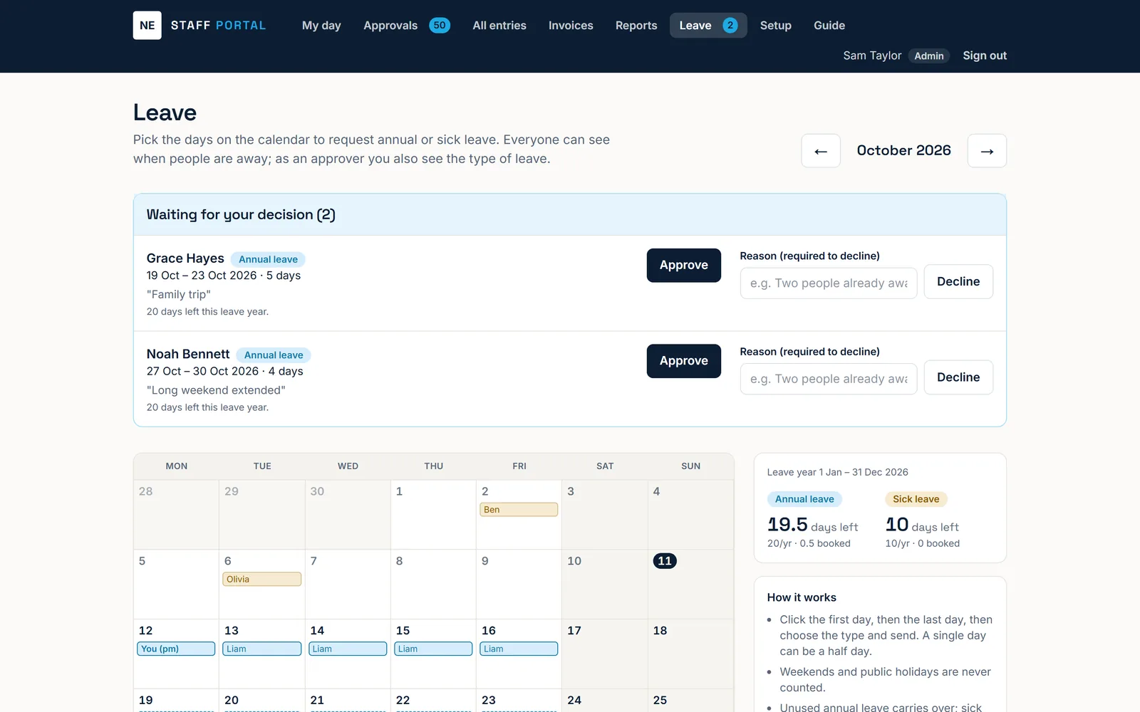 Leave page with requests waiting for approval, a team calendar and leave balances