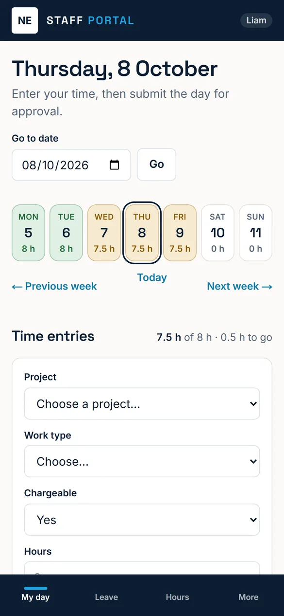 Phone view of a staff member’s week with hours entered per day